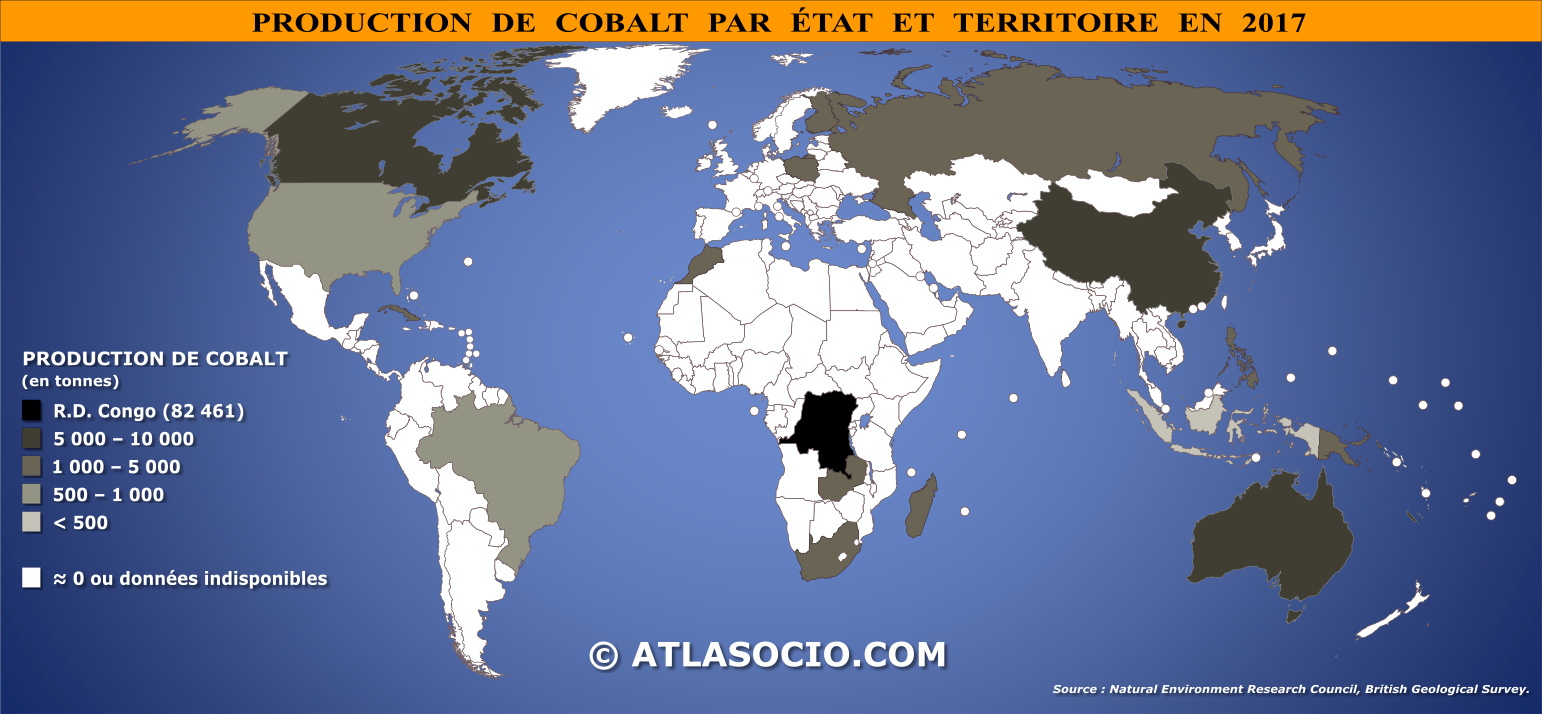 Carte du monde relative à la production de cobalt par État en 2017