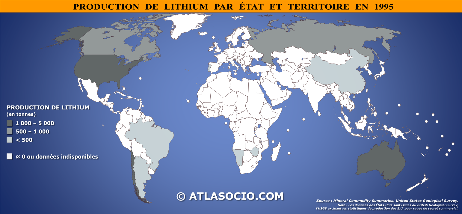 Carte du monde relative à la production de lithium par État en 1995
