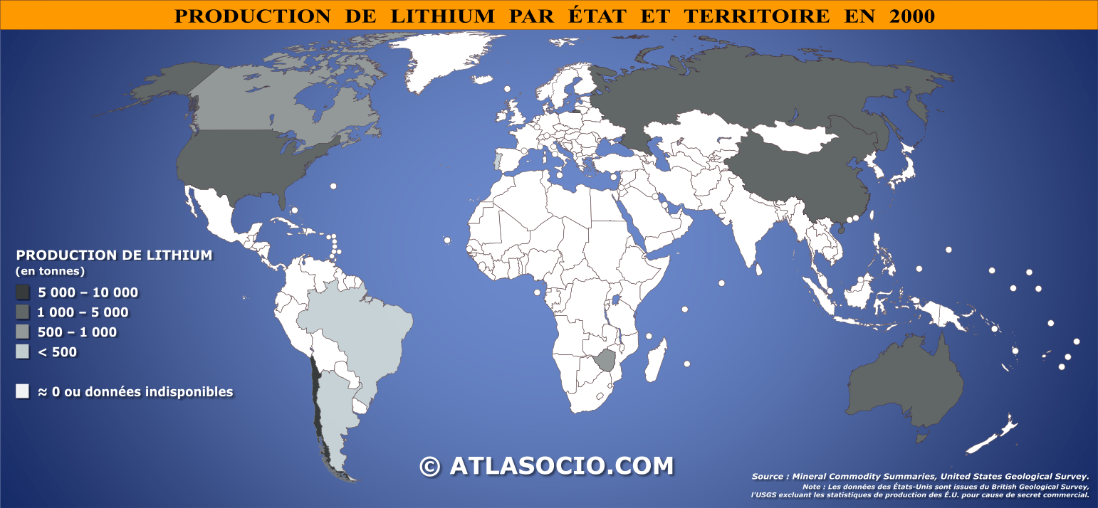 Carte du monde relative à la production de lithium par État en 2000