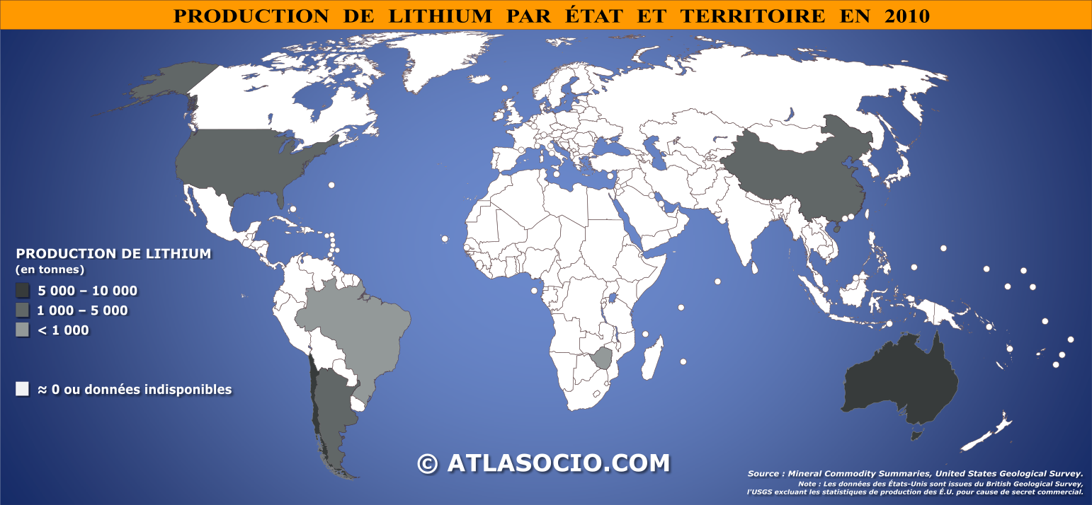 Carte du monde relative à la production de lithium par État en 2010
