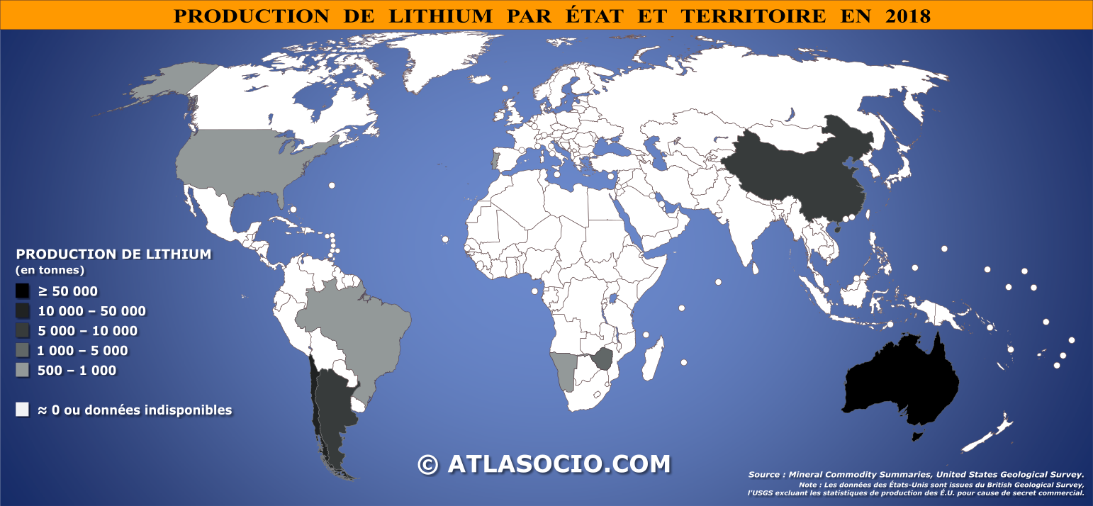 Carte du monde relative à la production de lithium par État en 2018