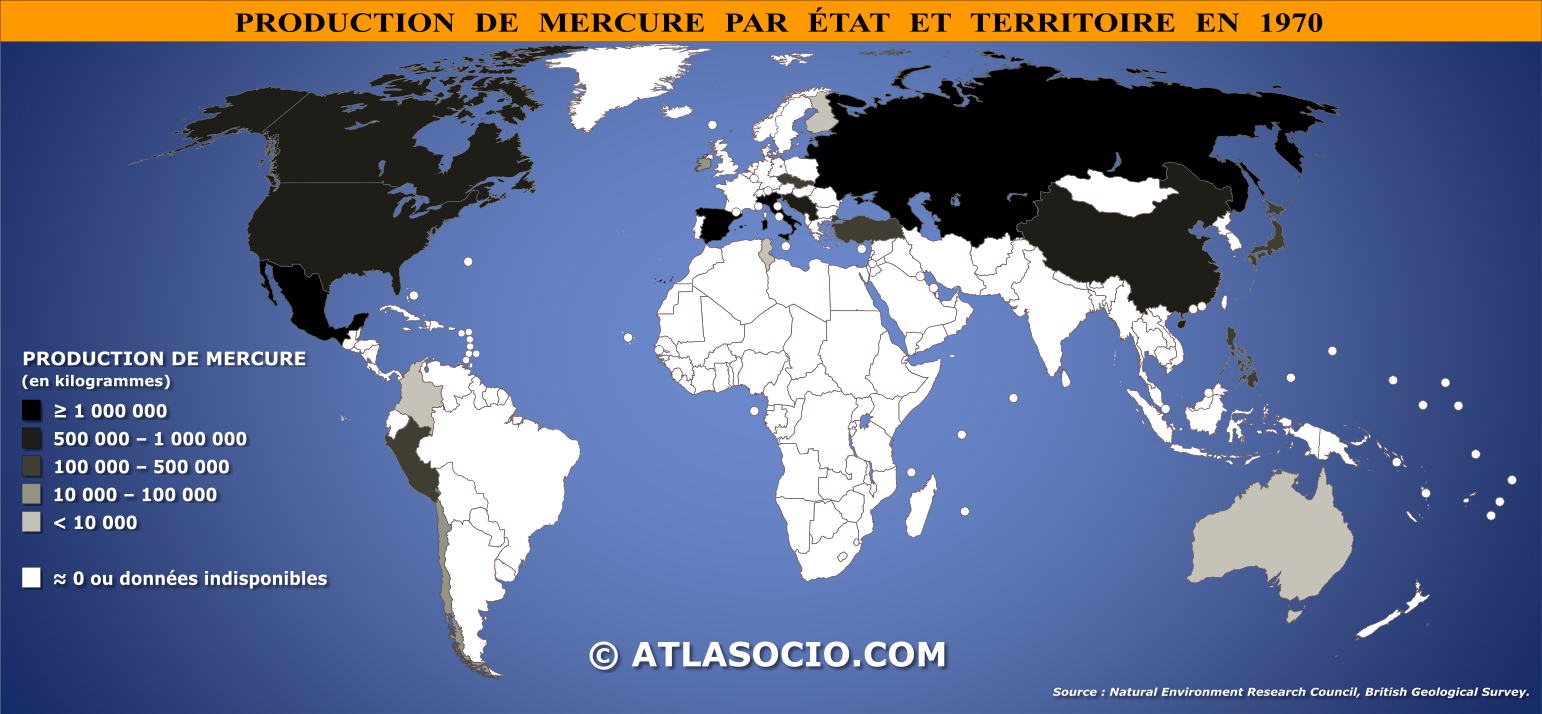 Carte du monde relative à la production de mercure (Hg) par État en 1970