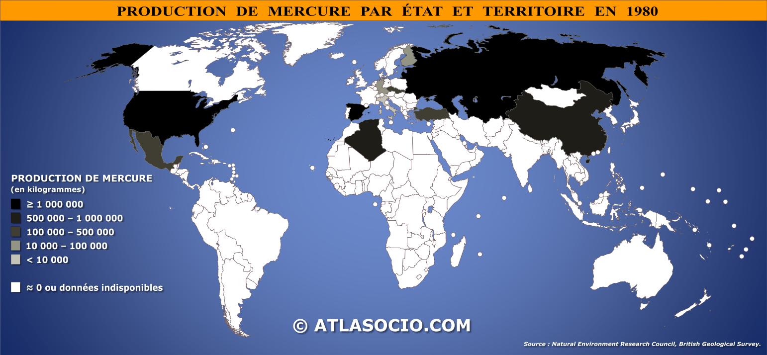 Carte du monde relative à la production de mercure (Hg) par État en 1980