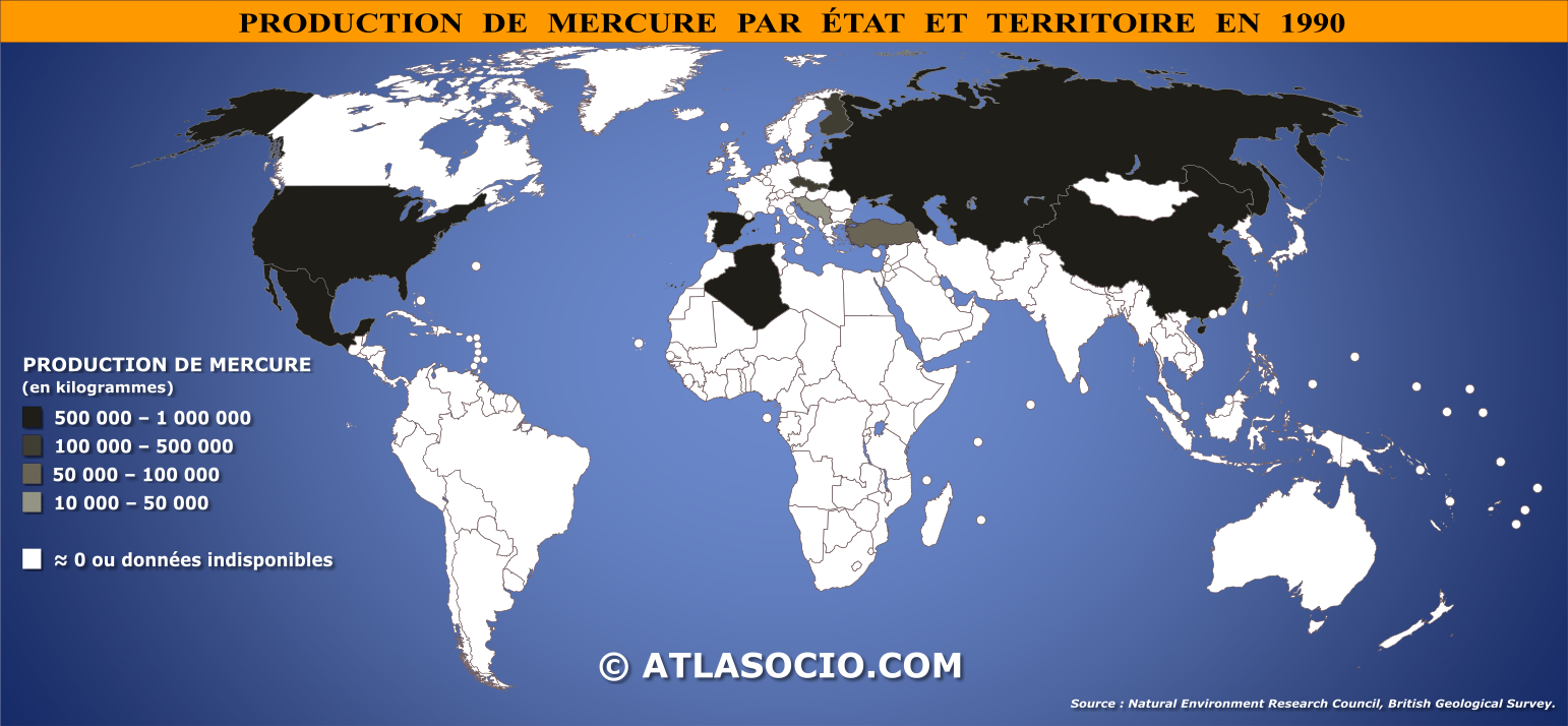 Carte du monde relative à la production de mercure (Hg) par État en 1990