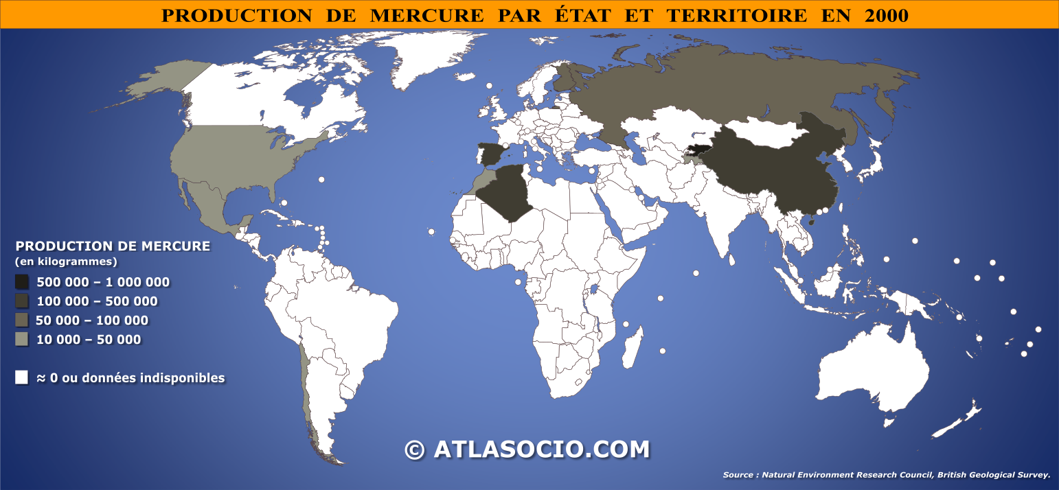 Carte du monde relative à la production de mercure (Hg) par État en 2000