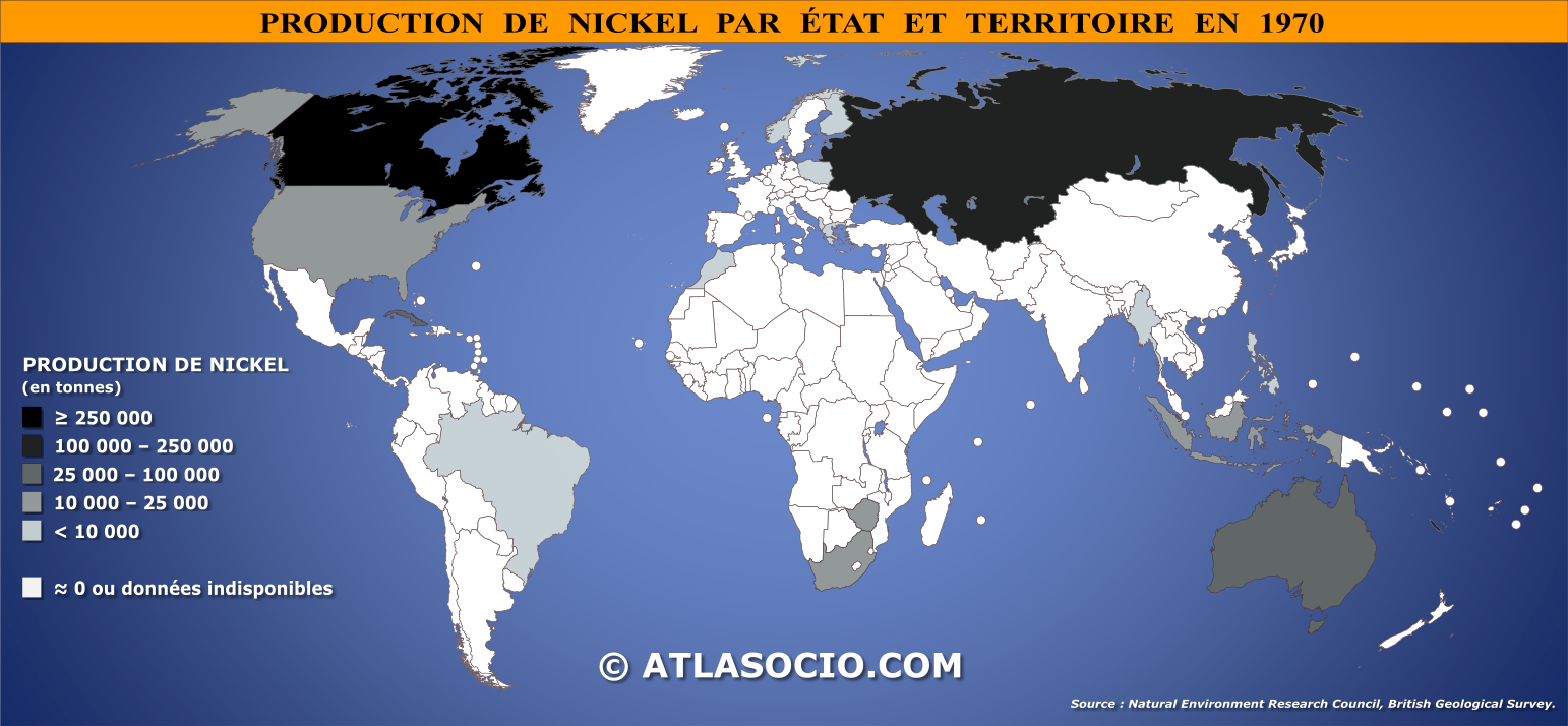 Carte du monde relative à la production de nickel (Ni) par État en 1970