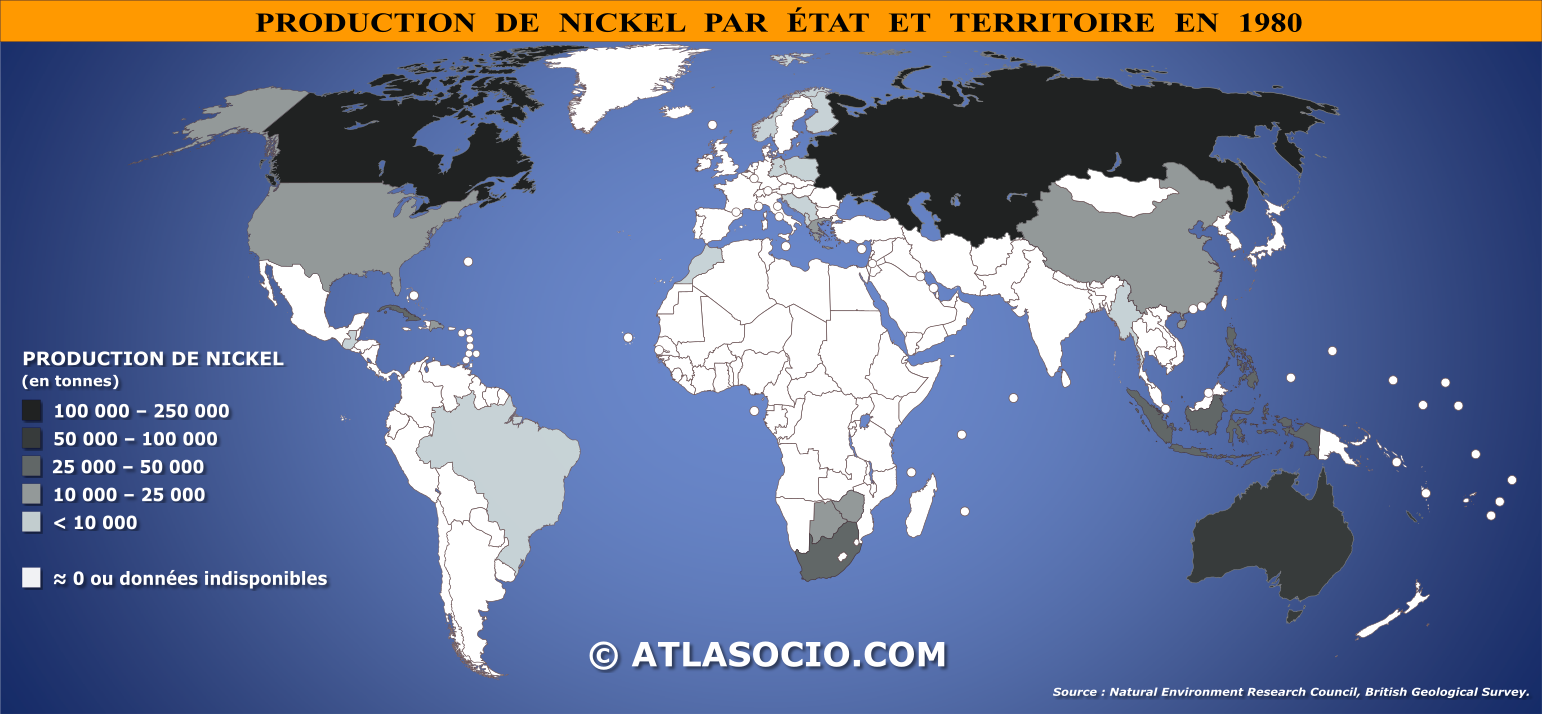 Carte du monde relative à la production de nickel (Ni) par État en 1980