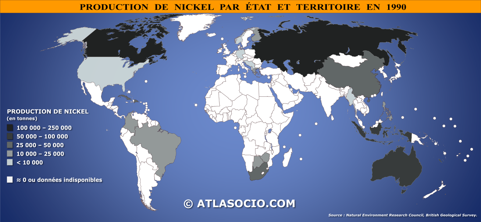 Carte du monde relative à la production de nickel (Ni) par État en 1990
