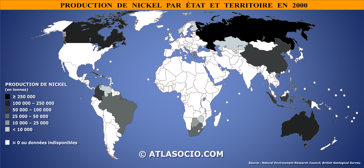 Carte du monde relative à la production de nickel (Ni) par État en 2000