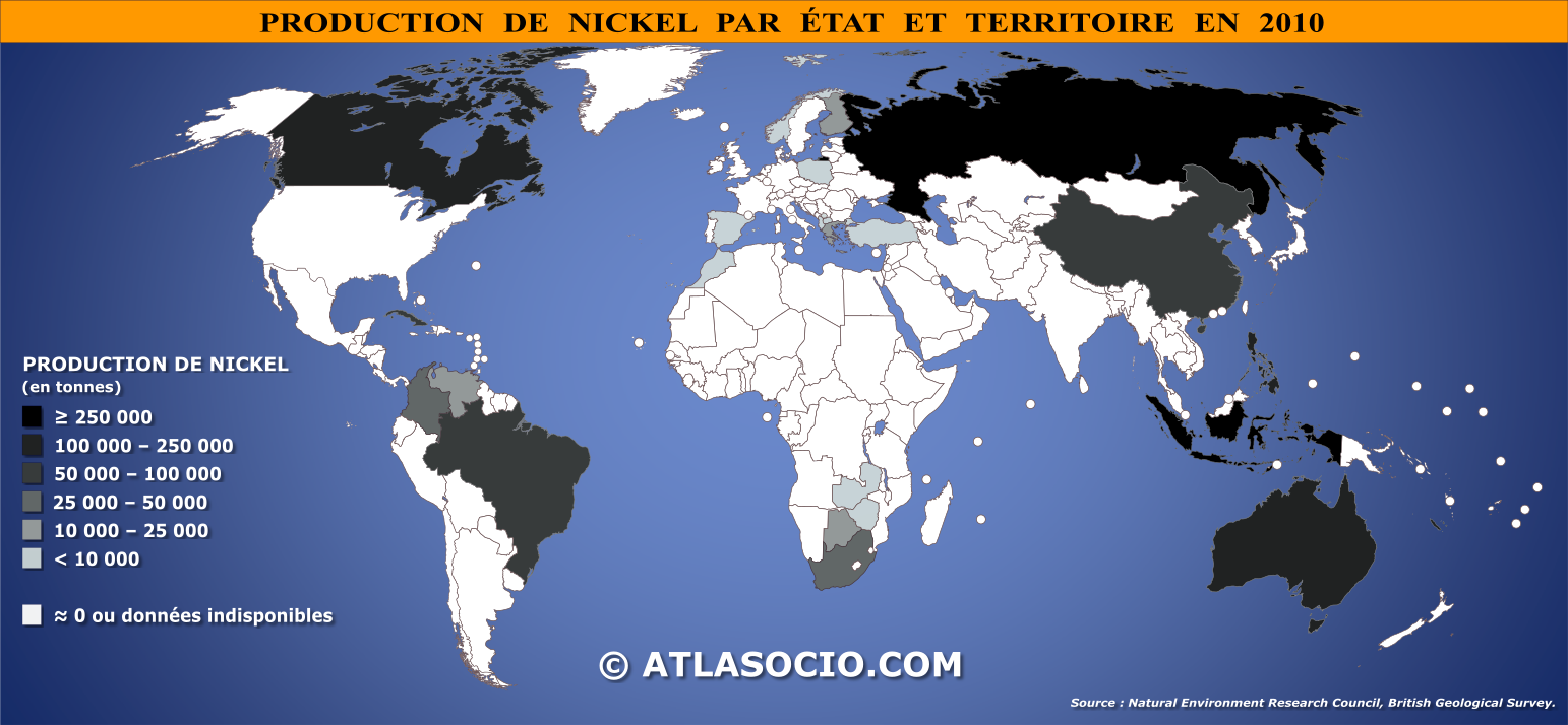 Carte du monde relative à la production de nickel (Ni) par État en 2010