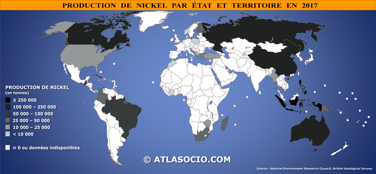 Carte du monde relative à la production de nickel (Ni) par État en 2017