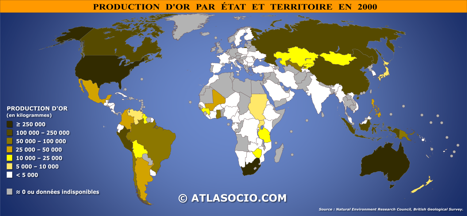 Carte du monde relative à la production d'or (Au) par État en 2000