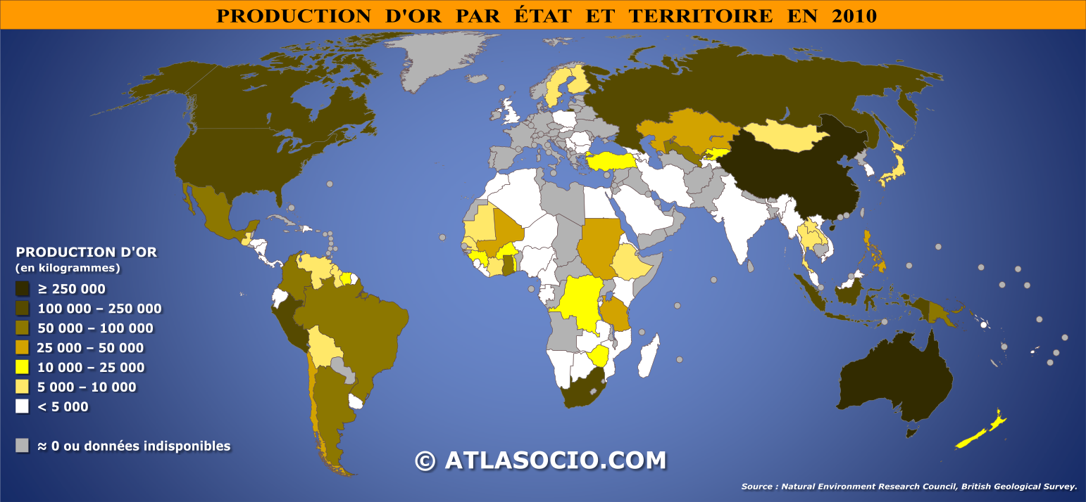 Carte du monde relative à la production d'or (Au) par État en 2010