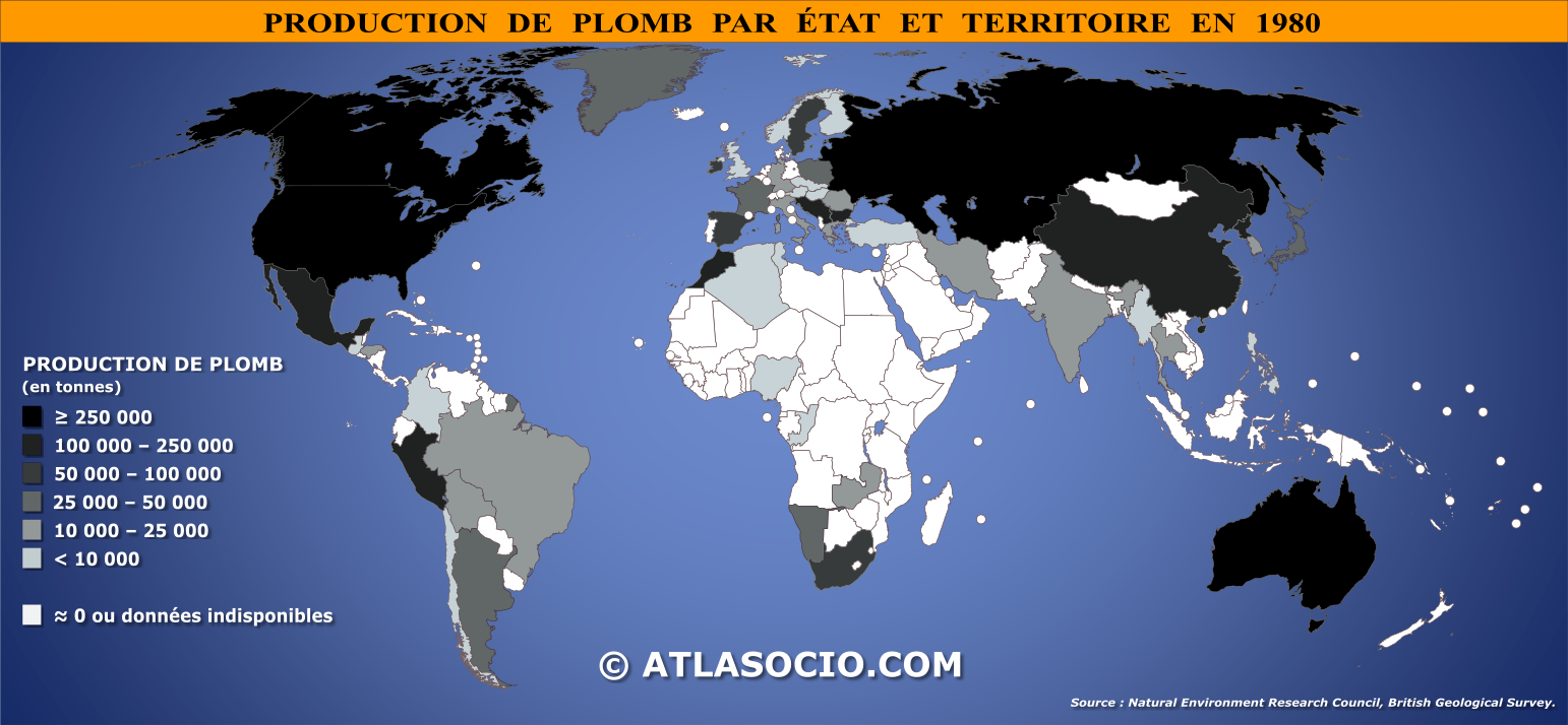 Carte du monde relative à la production de plomb (Pb) par État en 1980