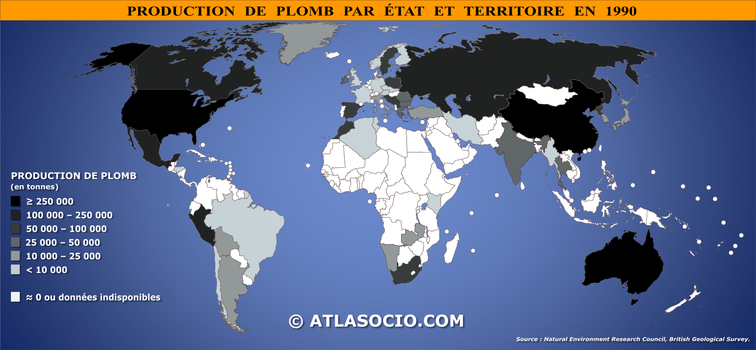 Carte du monde relative à la production de plomb (Pb) par État en 1990