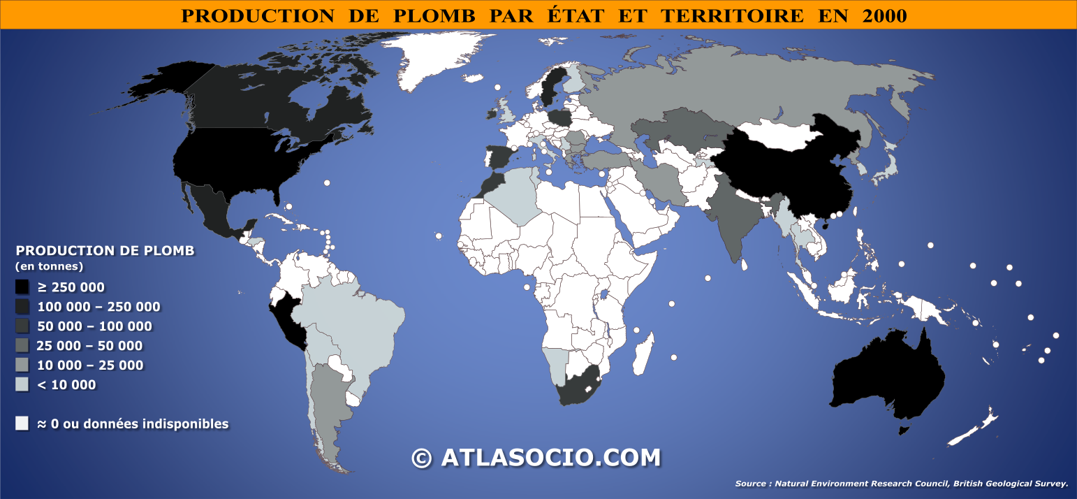 Carte du monde relative à la production de plomb (Pb) par État en 2000