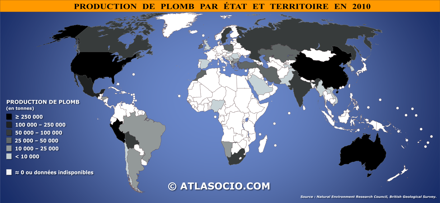 Carte du monde relative à la production de plomb (Pb) par État en 2010