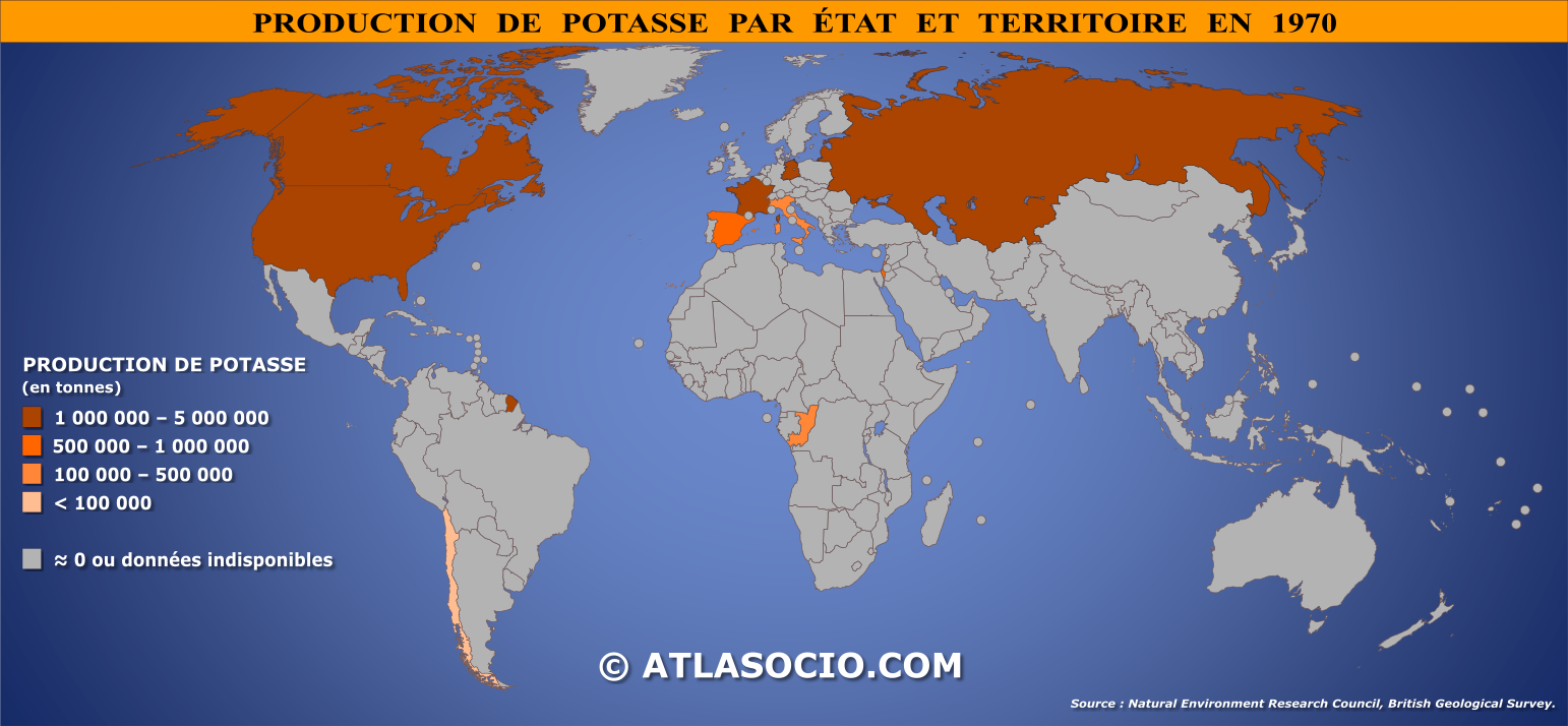 Carte du monde relative à la production de potasse par État en 1970