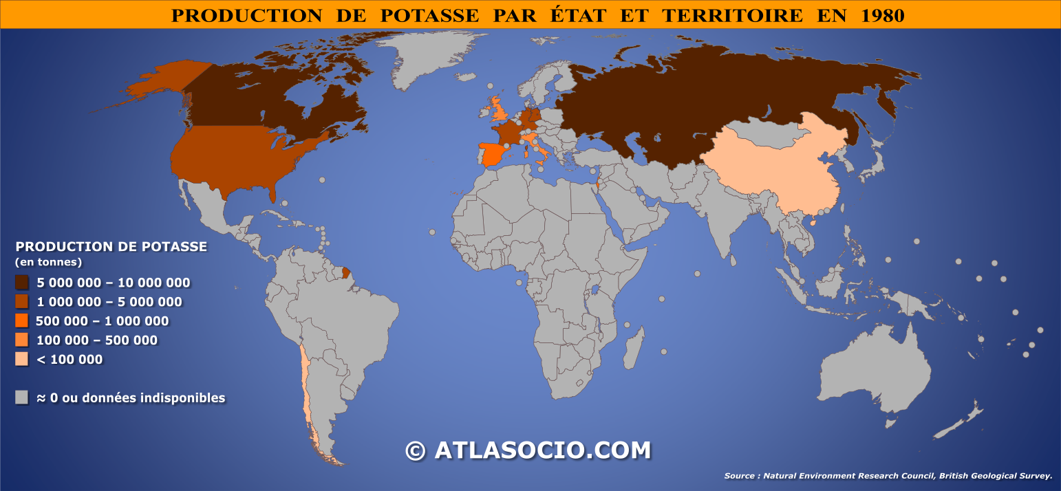Carte du monde relative à la production de potasse par État en 1980