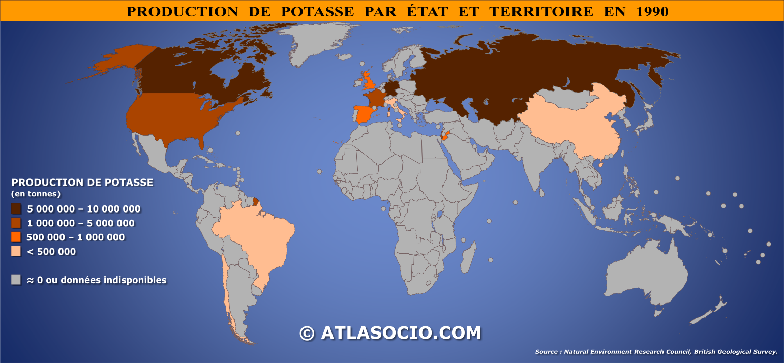 Carte du monde relative à la production de potasse par État en 1990