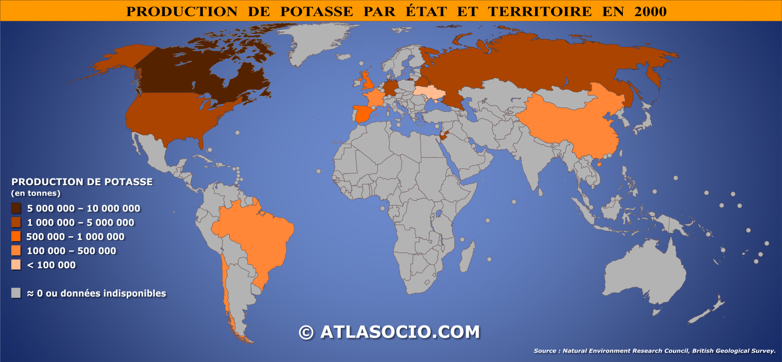 Carte du monde relative à la production de potasse par État en 2000