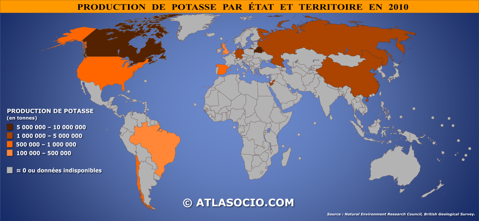 Carte du monde relative à la production de potasse par État en 2010