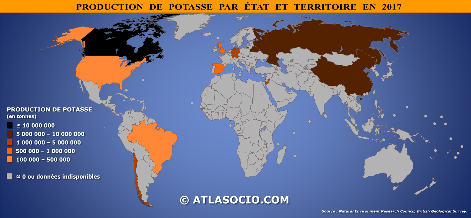 Carte du monde relative à la production de potasse par État en 2017