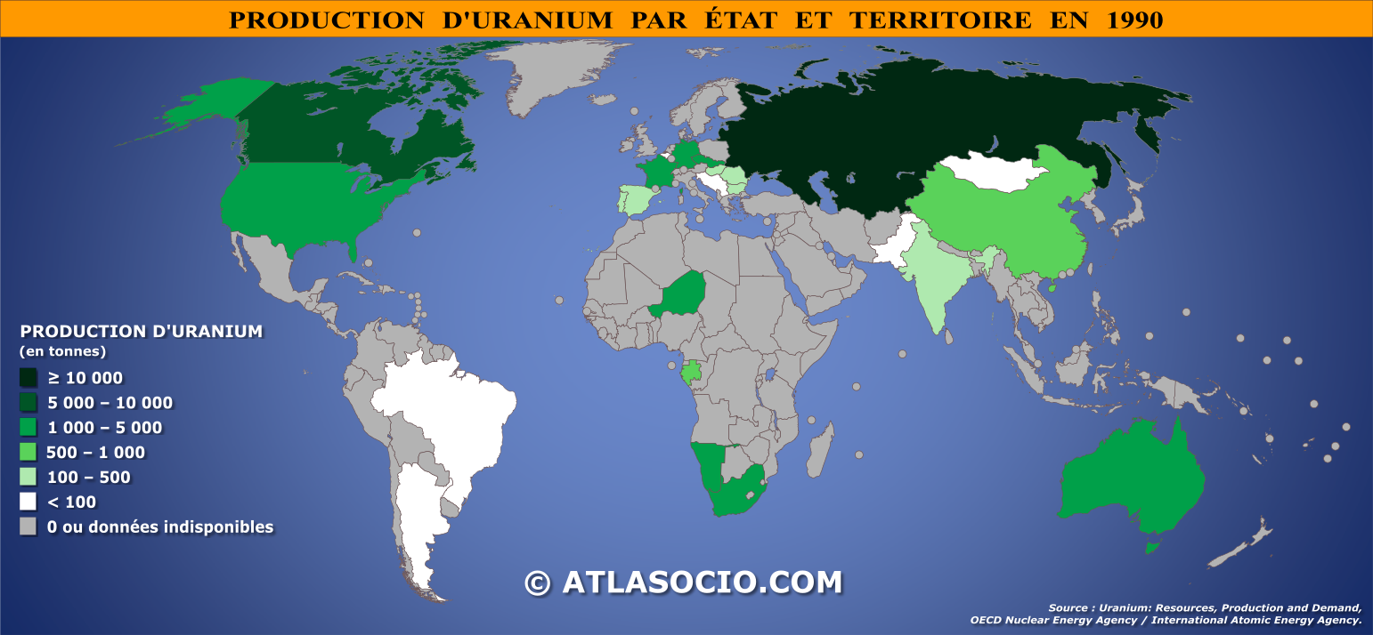Carte du monde relative à la production d'uranium par État en 1990