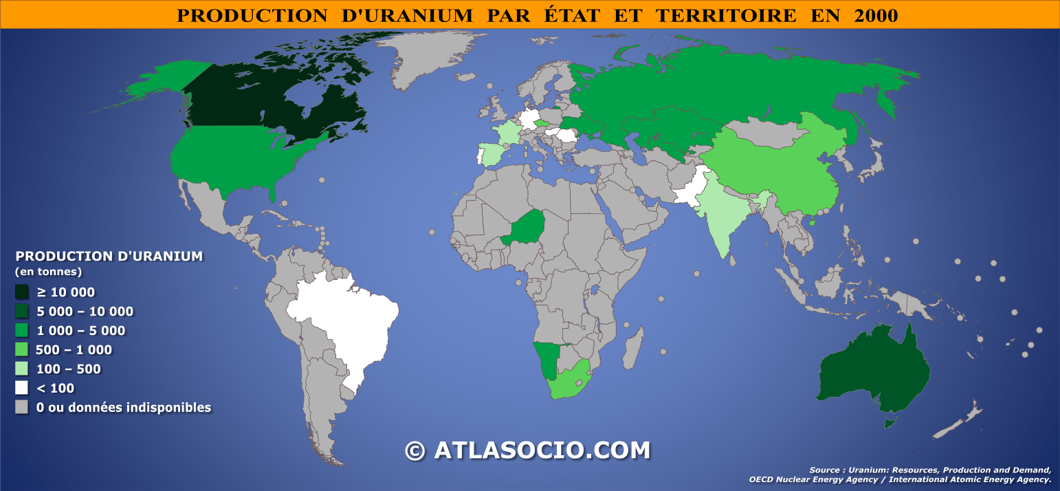 Carte du monde relative à la production d'uranium par État en 2000