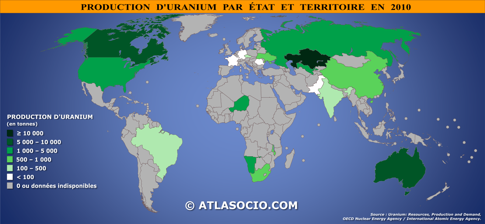 Carte du monde relative à la production d'uranium par État en 2010