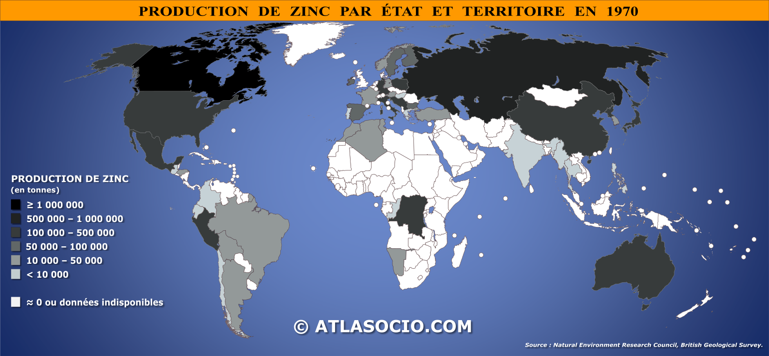 Carte du monde relative à la production de zinc (Zn) par État en 1970