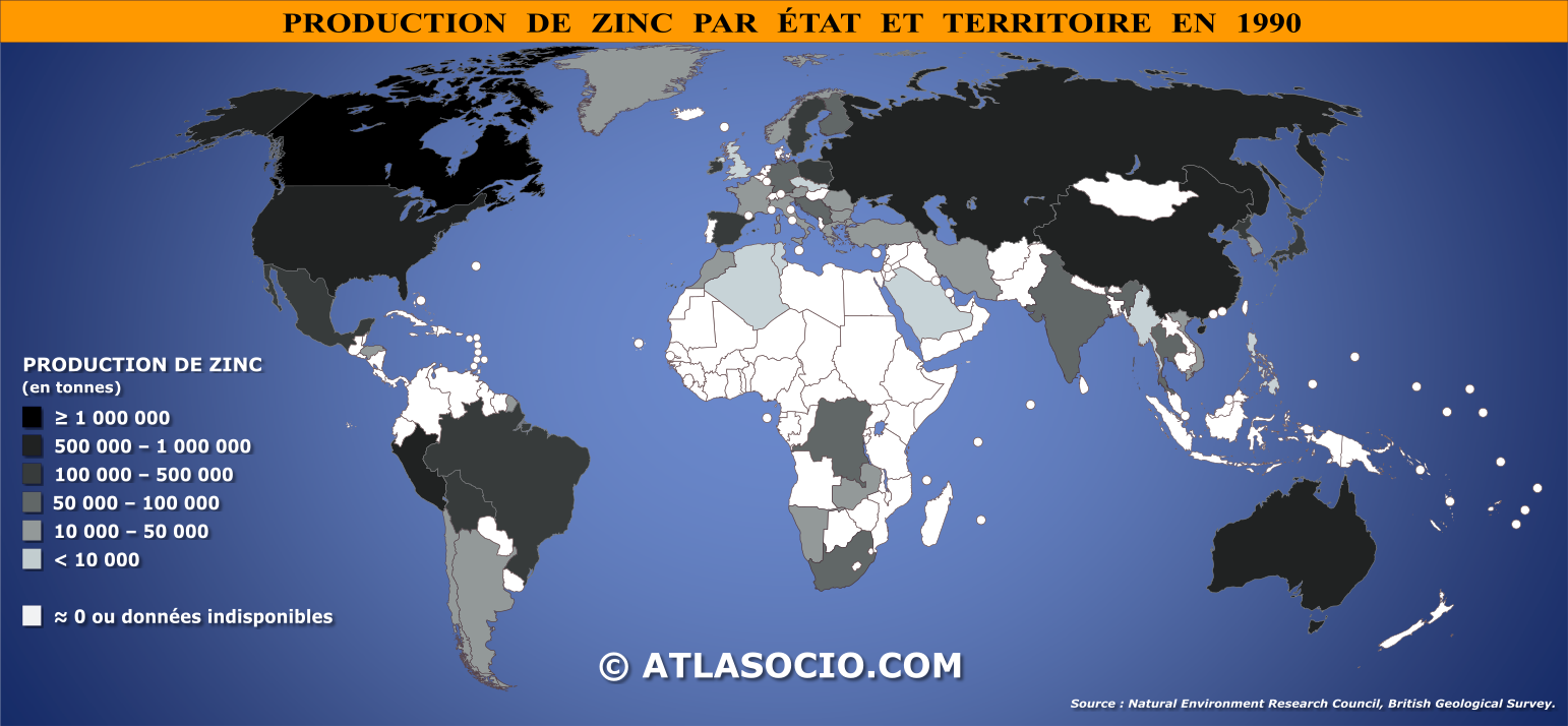 Carte du monde relative à la production de zinc (Zn) par État en 1990
