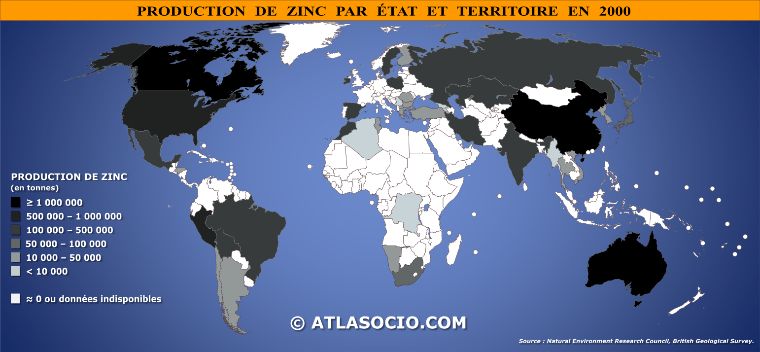Carte du monde relative à la production de zinc (Zn) par État en 2000