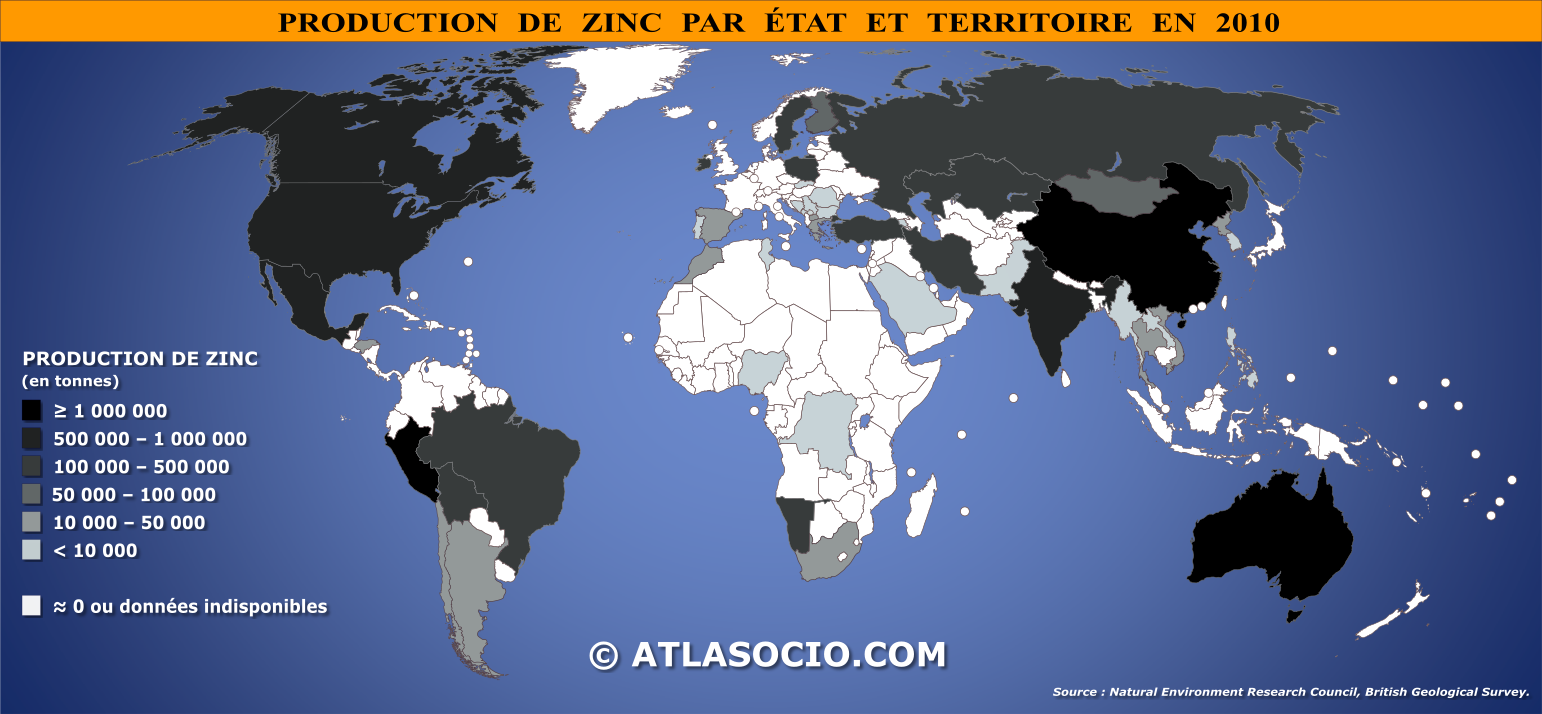 Carte du monde relative à la production de zinc (Zn) par État en 2010