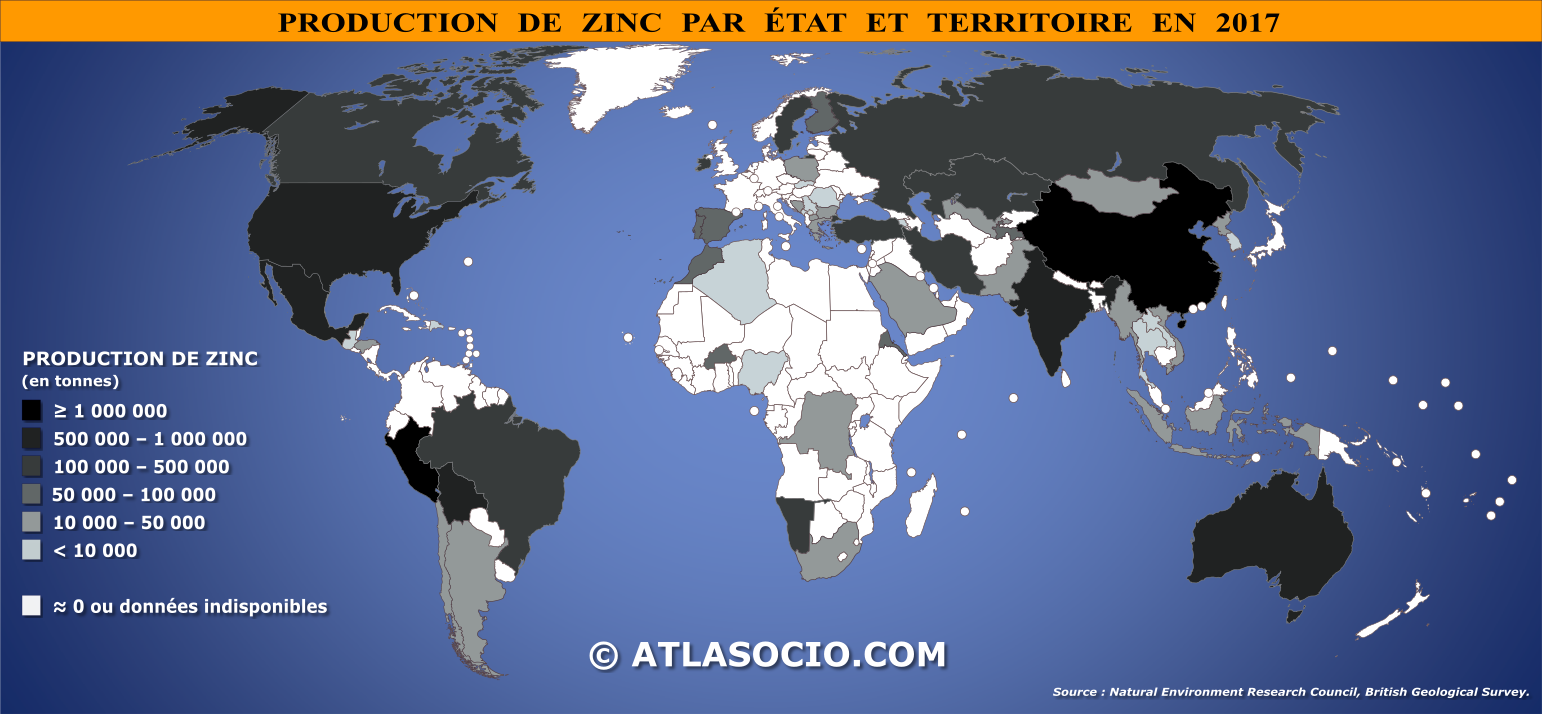 Carte du monde relative à la production de zinc (Zn) par État en 2017