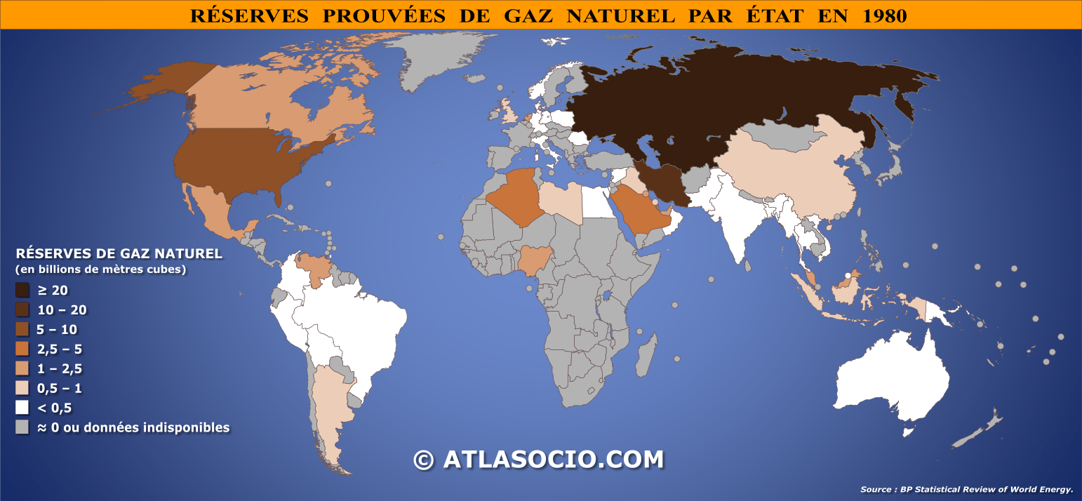 Carte du monde relative aux réserves prouvées de gaz naturel par État en 1980