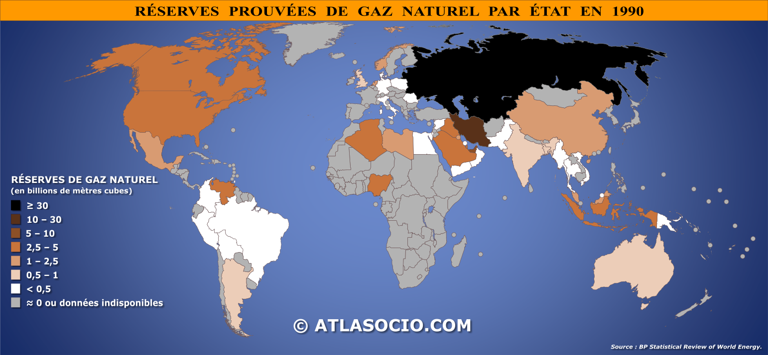 Carte du monde relative aux réserves prouvées de gaz naturel par État en 1990