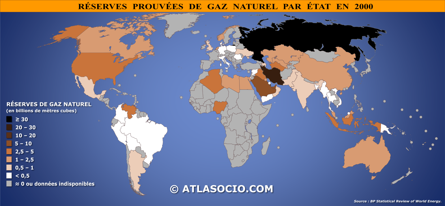 Carte du monde relative aux réserves prouvées de gaz naturel par État en 2000