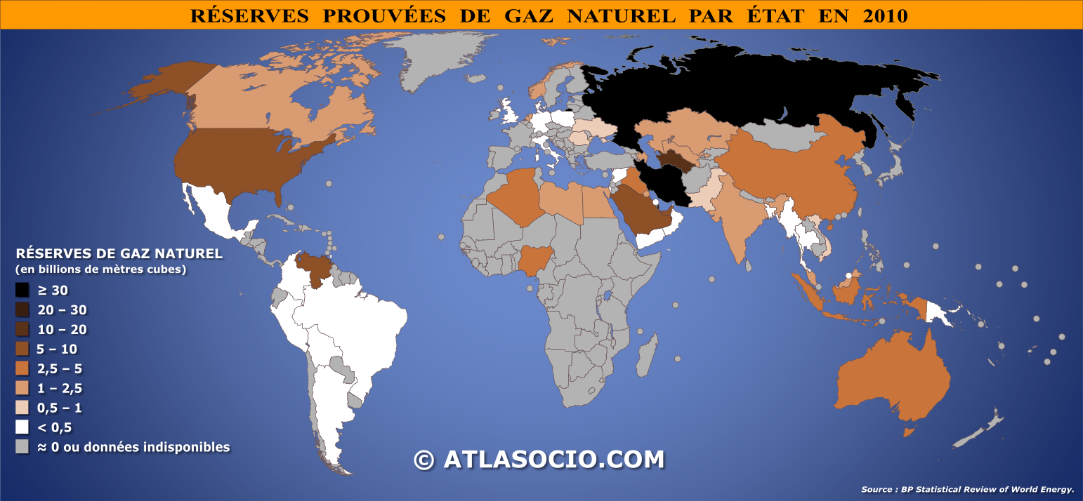 Carte du monde relative aux réserves prouvées de gaz naturel par État en 2010