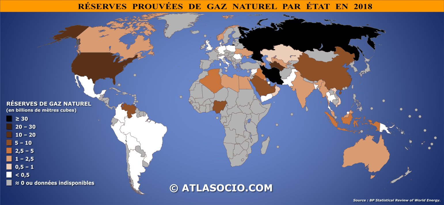 Carte du monde relative aux réserves prouvées de gaz naturel par État en 2018