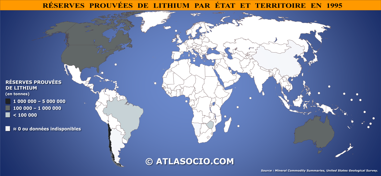 Carte du monde relative aux réserves prouvées de lithium par État en 1995