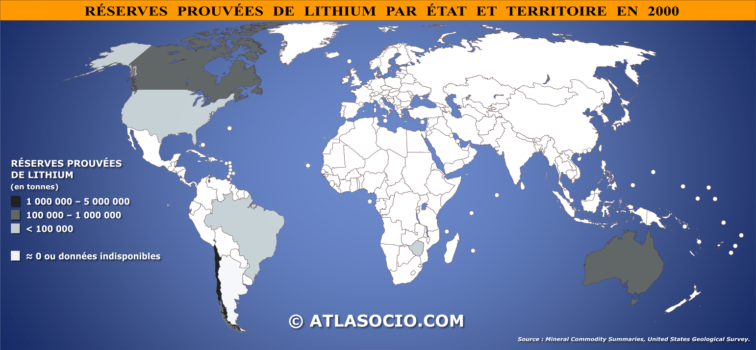 Carte du monde relative aux réserves prouvées de lithium par État en 2000