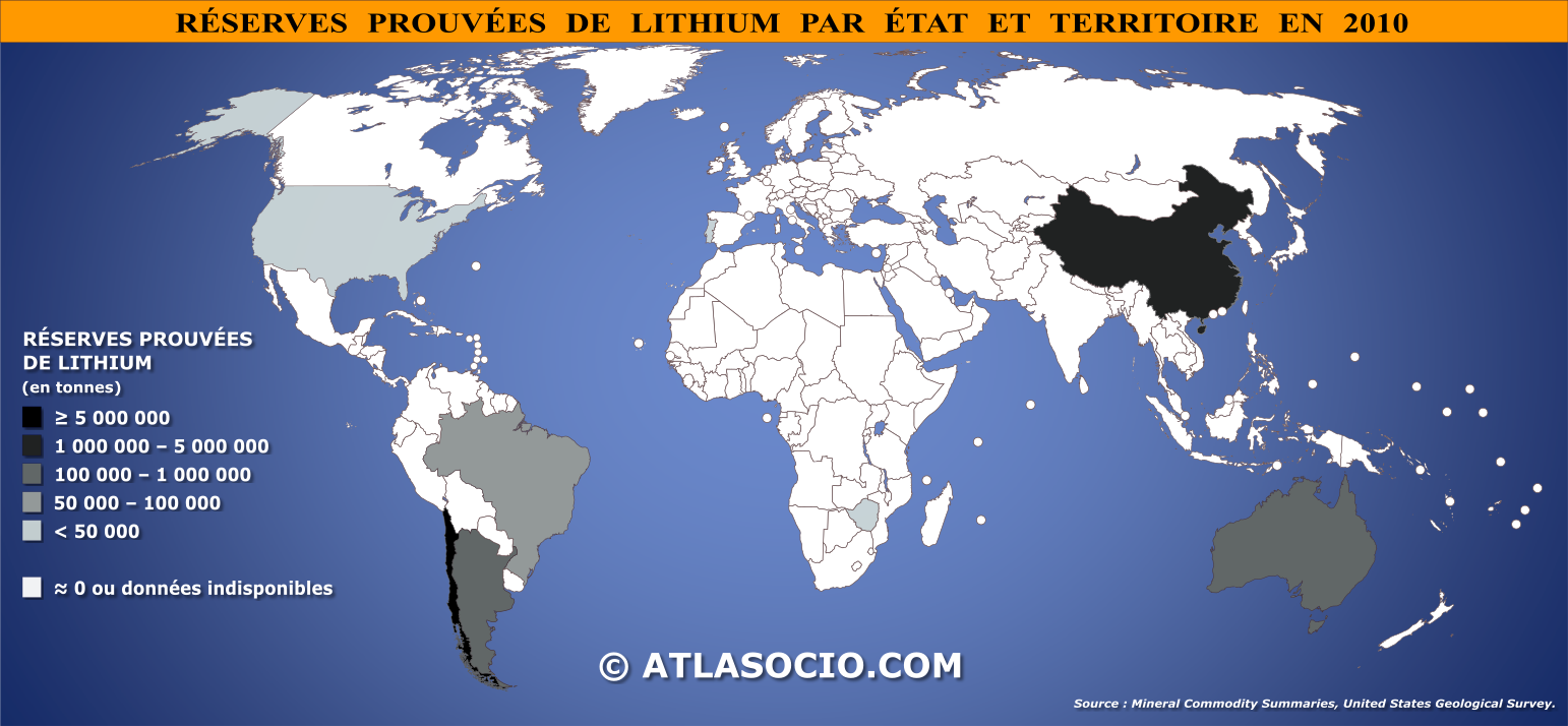 Carte du monde relative aux réserves prouvées de lithium par État en 2010