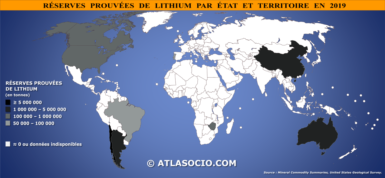 Carte du monde relative aux réserves prouvées de lithium par État en 2019