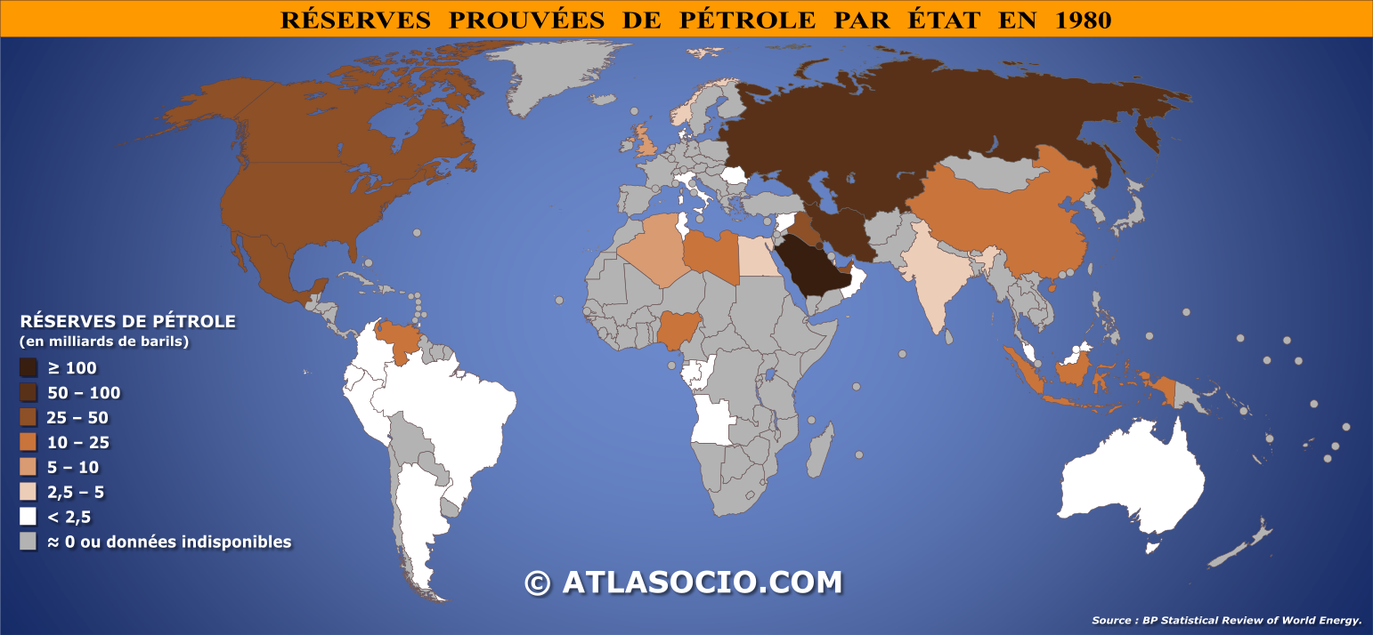 Carte du monde relative aux réserves prouvées de pétrole par État en 1980