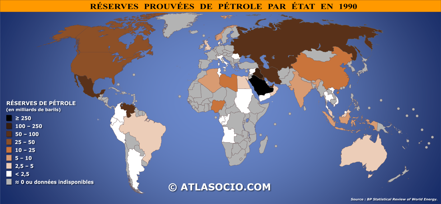 Carte du monde relative aux réserves prouvées de pétrole par État en 1990