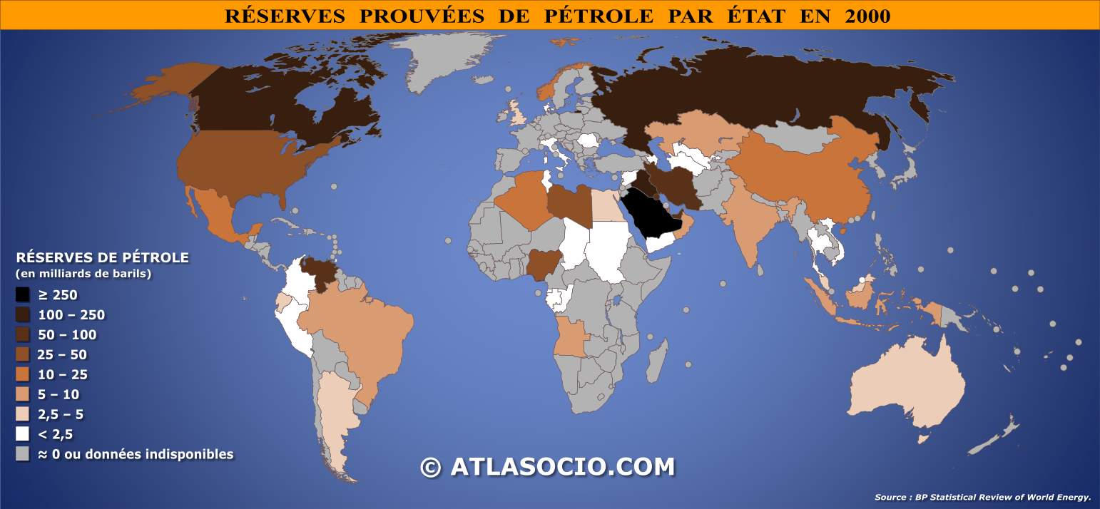 Carte du monde relative aux réserves prouvées de pétrole par État en 2000