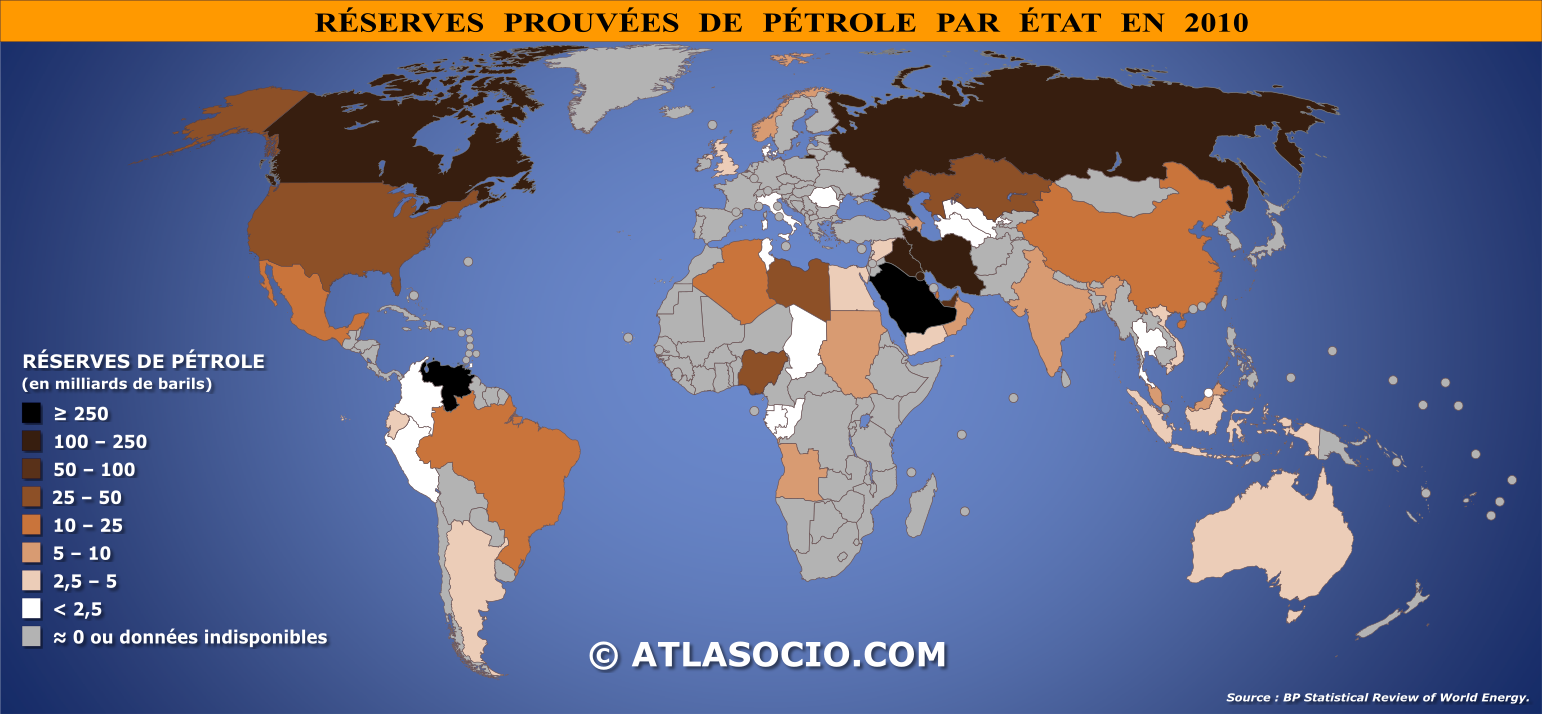 Carte du monde relative aux réserves prouvées de pétrole par État en 2010