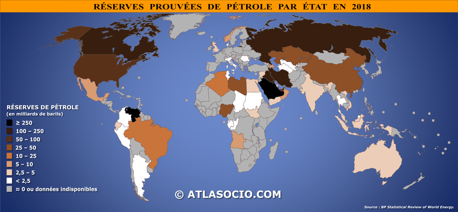 Carte du monde relative aux réserves prouvées de pétrole par État en 2018
