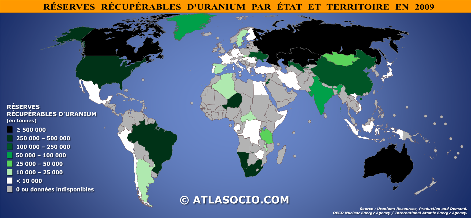 Carte du monde relative aux réserves récupérables d'uranium par État en 2009